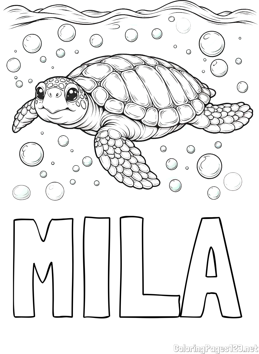 MILA Coloring Page and Coloring Page of a Sea Turtle Swimming in the Ocean