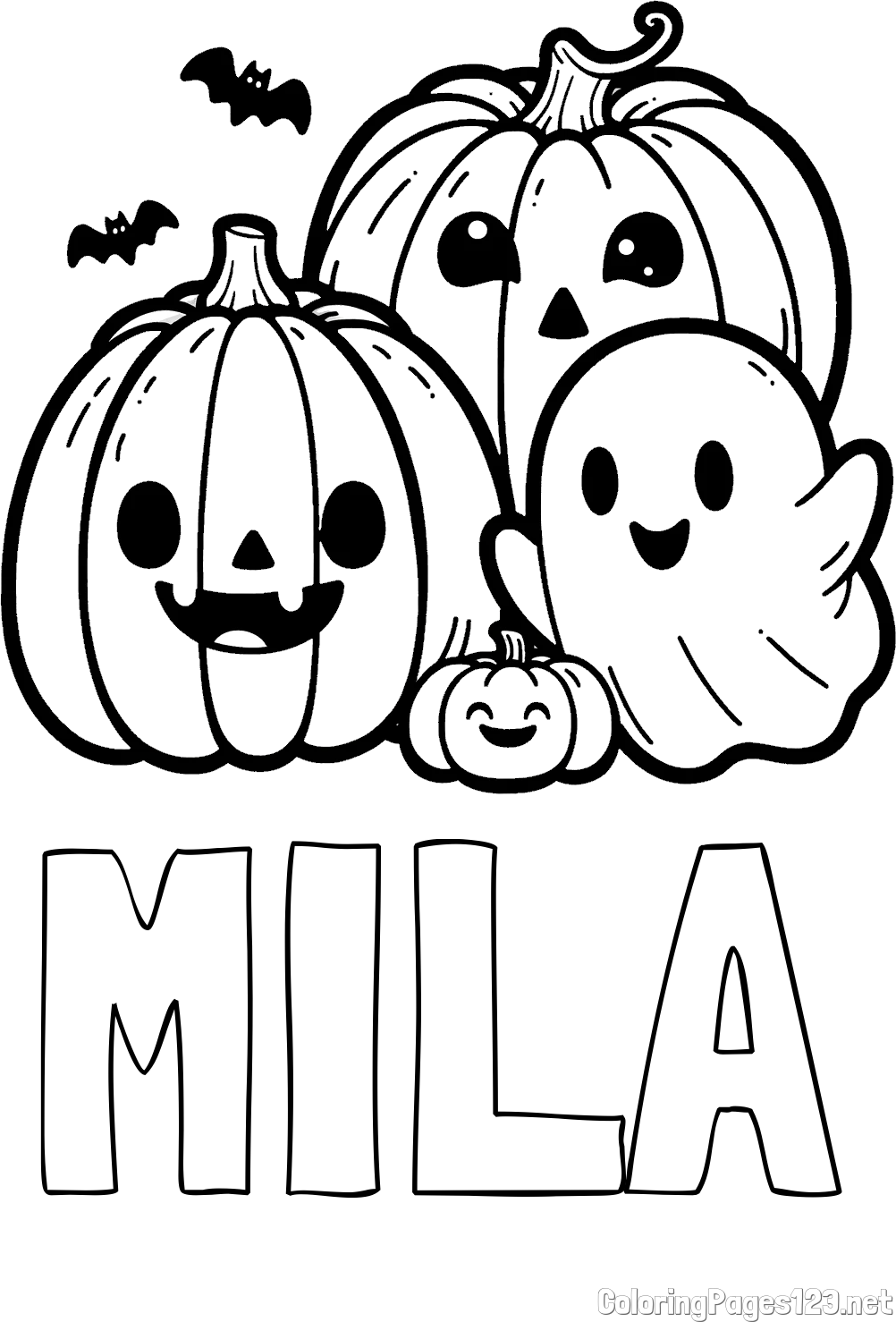 MILA Coloring Page and Halloween Pumpkin and Ghost Coloring Page