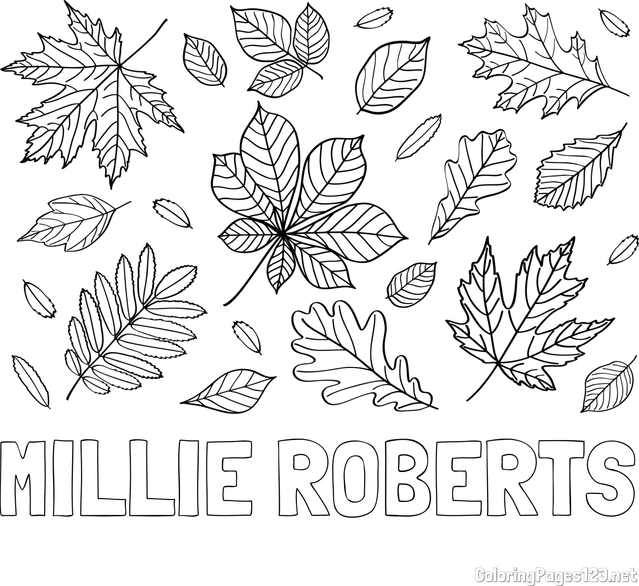 MILLIE ROBERTS Coloring Page and Autumn Leaves Coloring Page