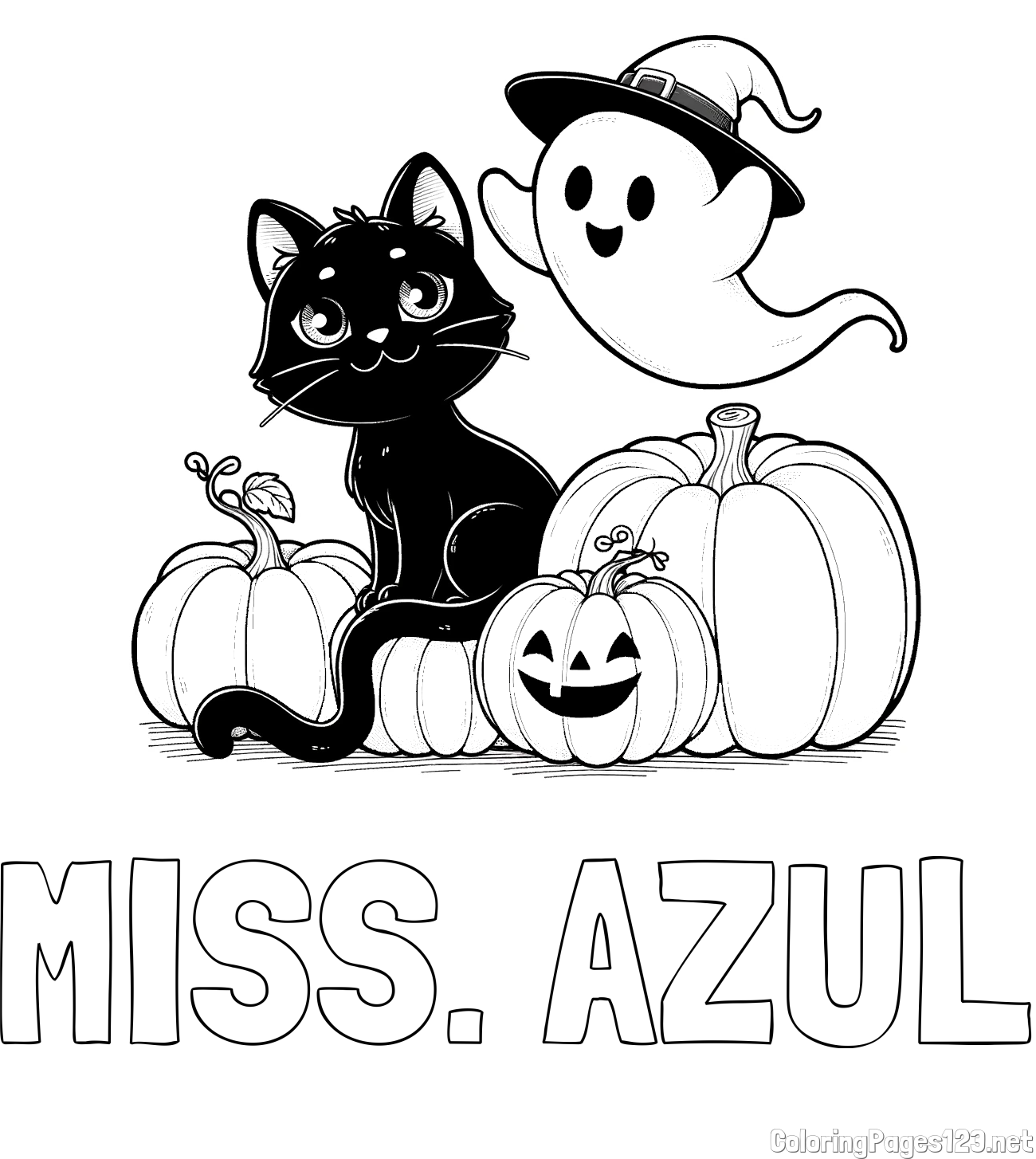 MISS. AZUL Coloring Page and Halloween Pumpkin Coloring Page for Kids - Happy Cat, Ghost, and Pumpkins
