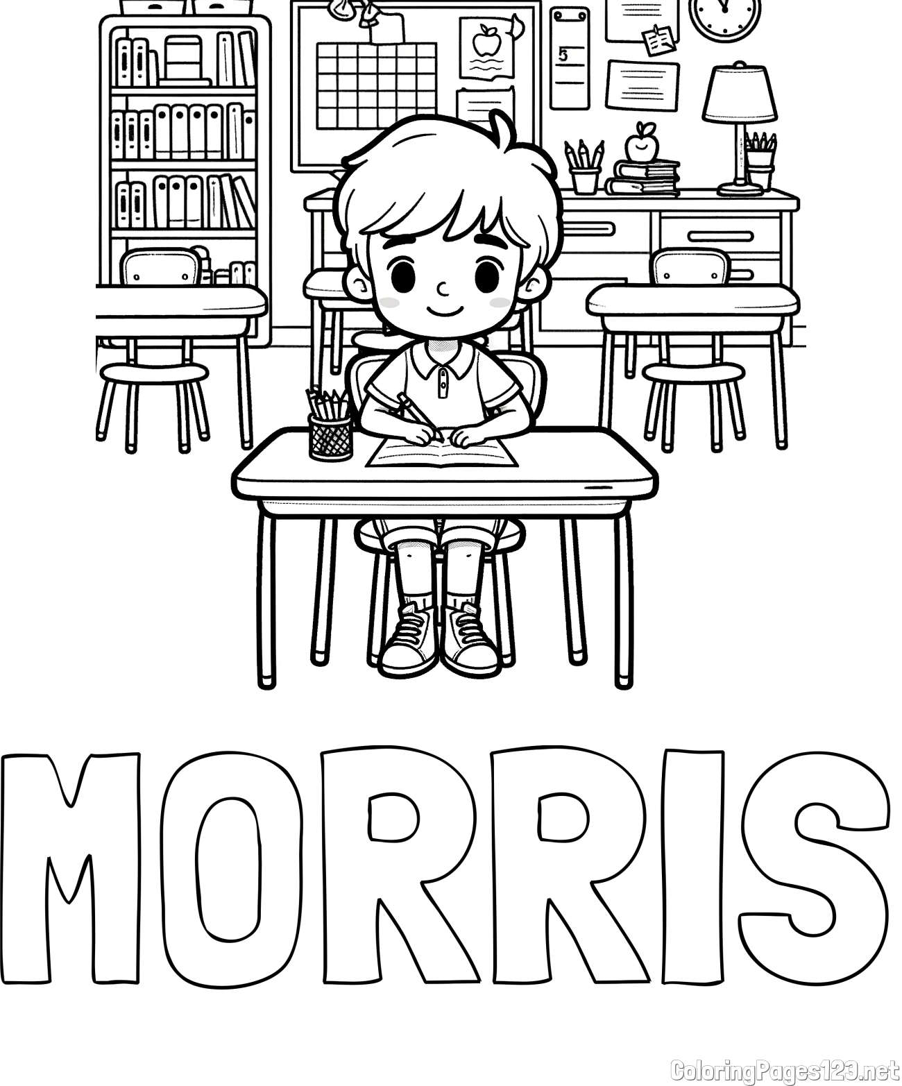 MORRIS Coloring Page and Cute Student in Class Coloring Page