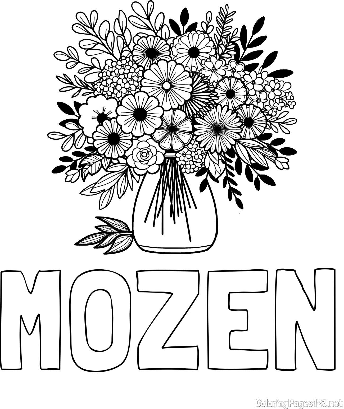 MOZEN Coloring Page and Flower Bouquet Coloring Page