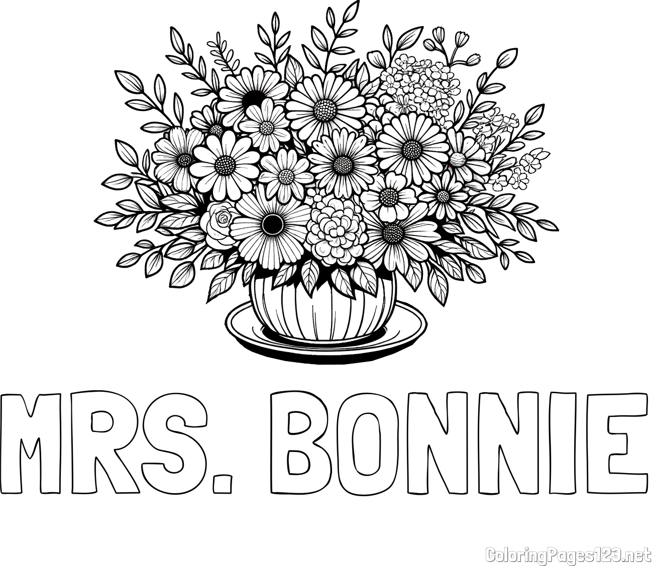 MRS. BONNIE Coloring Page and Beautiful Bouquet of Flowers Coloring Page
