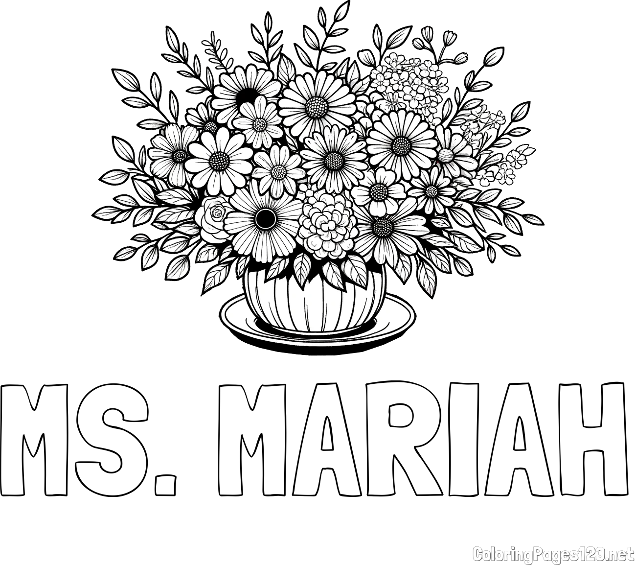 MS. MARIAH Coloring Page and Beautiful Bouquet of Flowers Coloring Page