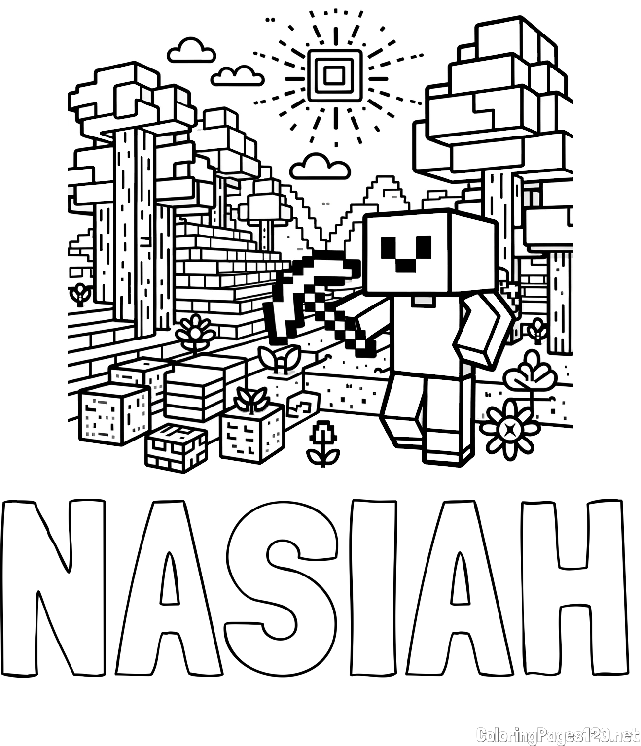 NASIAH Coloring Page and Minecraft World Coloring Page