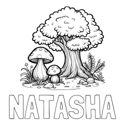 Online Created Coloring Page - NATASHA Coloring Page and Coloring Page of Two Mushrooms and a Big Tree