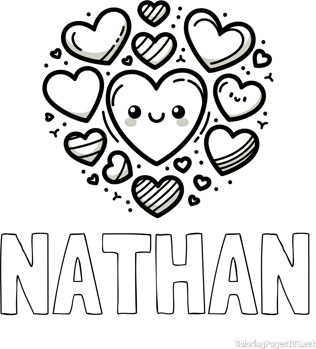 NATHAN Coloring Page and Coloring Page of a Cute Cat Surrounded by Hearts
