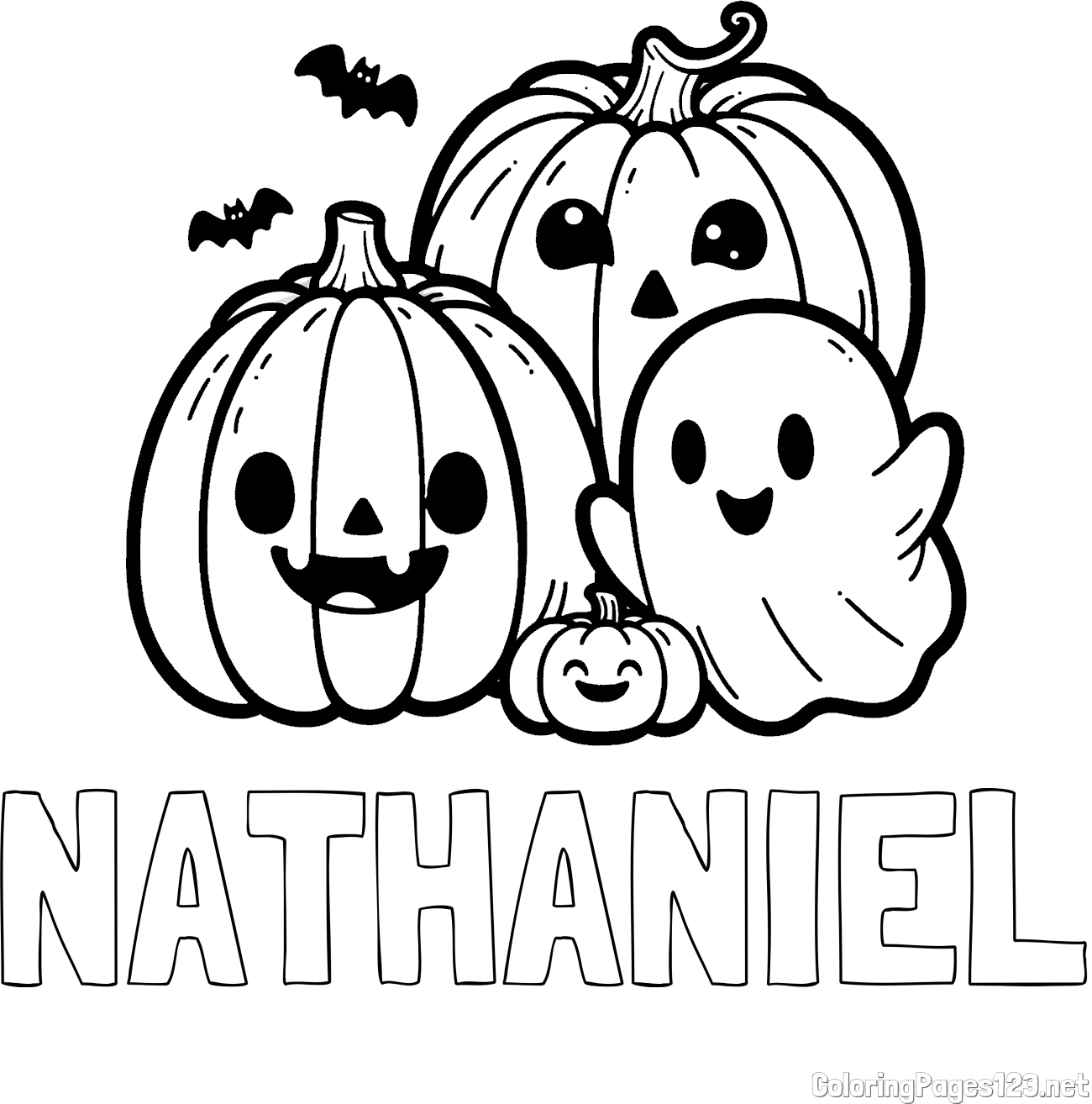 NATHANIEL Coloring Page and Halloween Pumpkin and Ghost Coloring Page