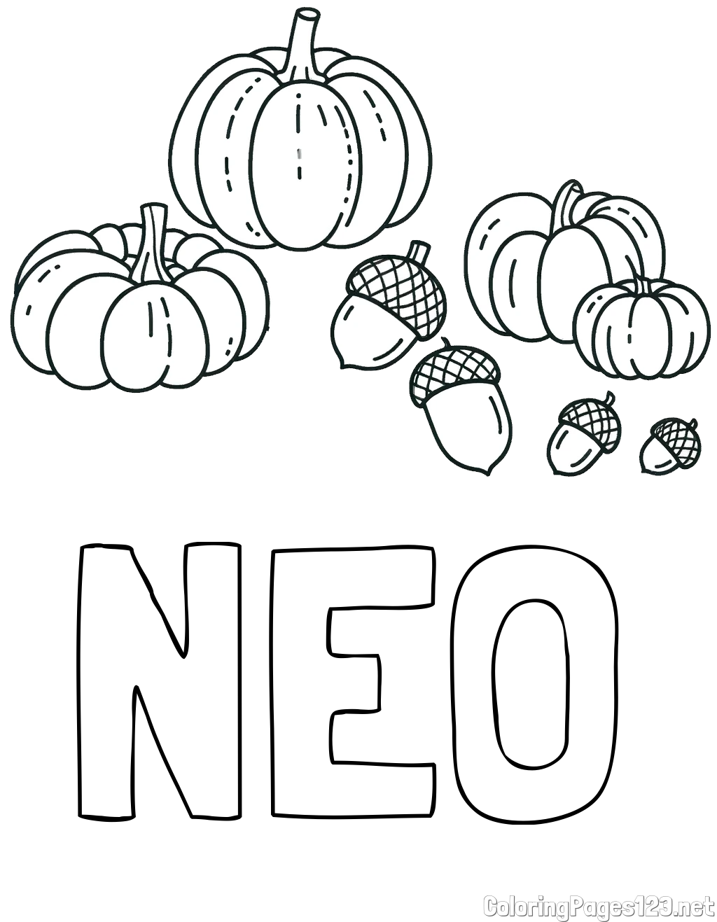 NEO Coloring Page and Autumn Harvest Coloring Page - Acorns and Pumpkins