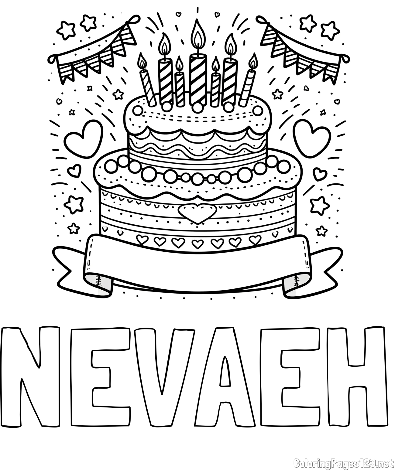 NEVAEH Coloring Page and Cute Birthday Cake Coloring Page