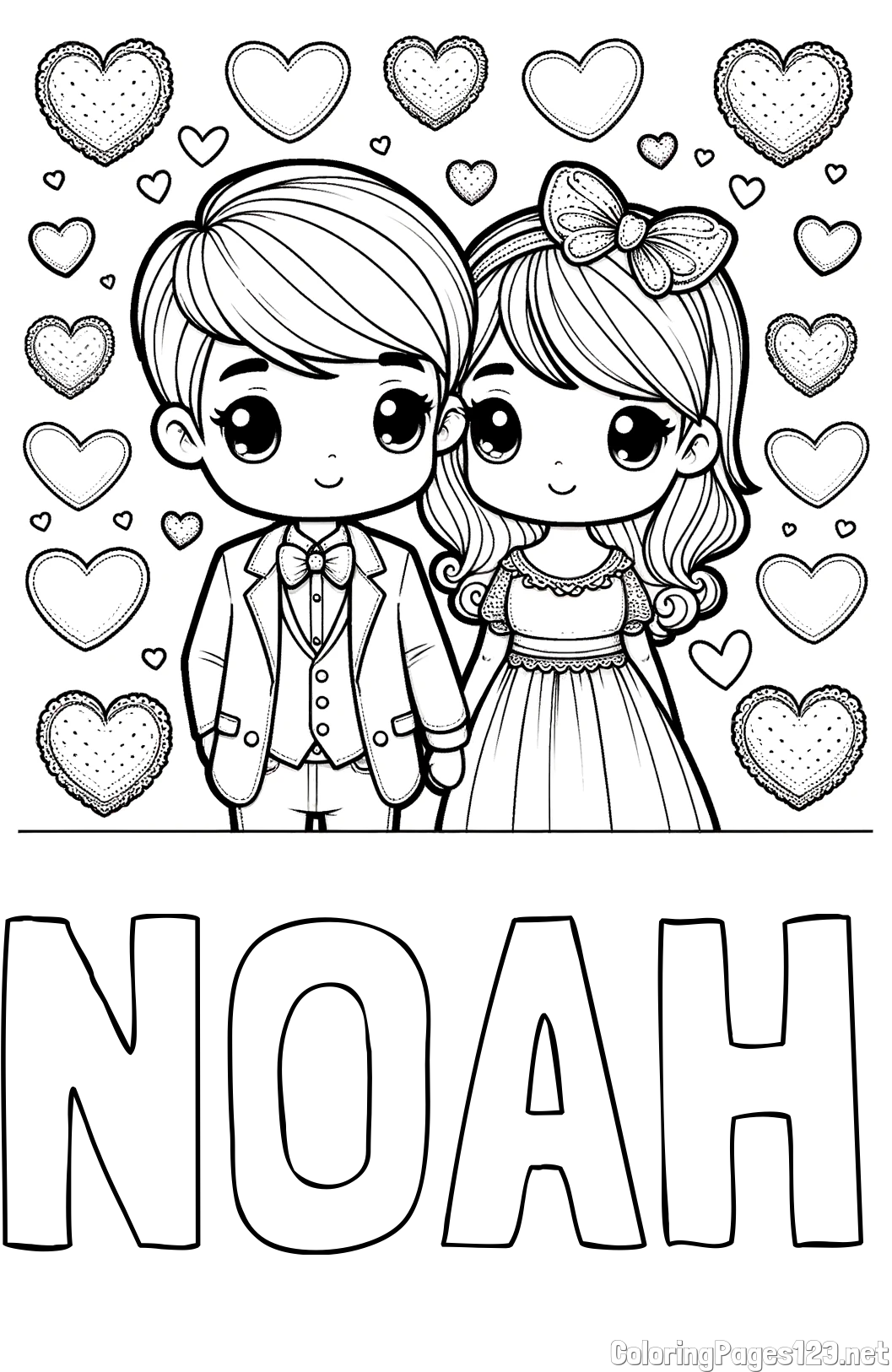 NOAH Coloring Page and Coloring Page of a Couple Surrounded by Hearts