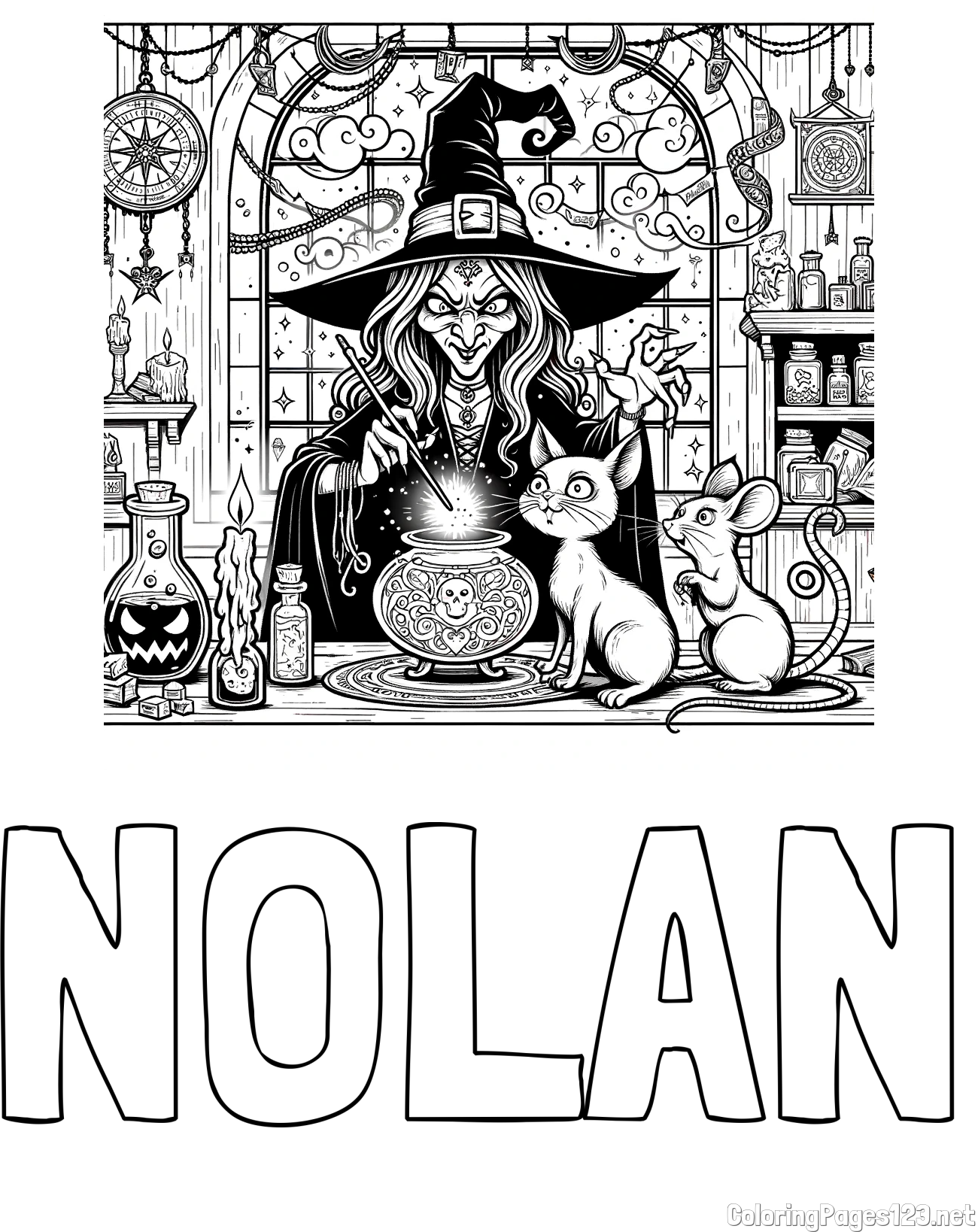 NOLAN Coloring Page alongside Coloring Page of an Evil Witch, a Cat, and a Mouse