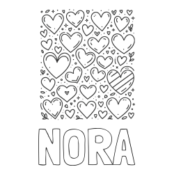 NORA Coloring Page alongside Children's Coloring Page of Many Hearts
