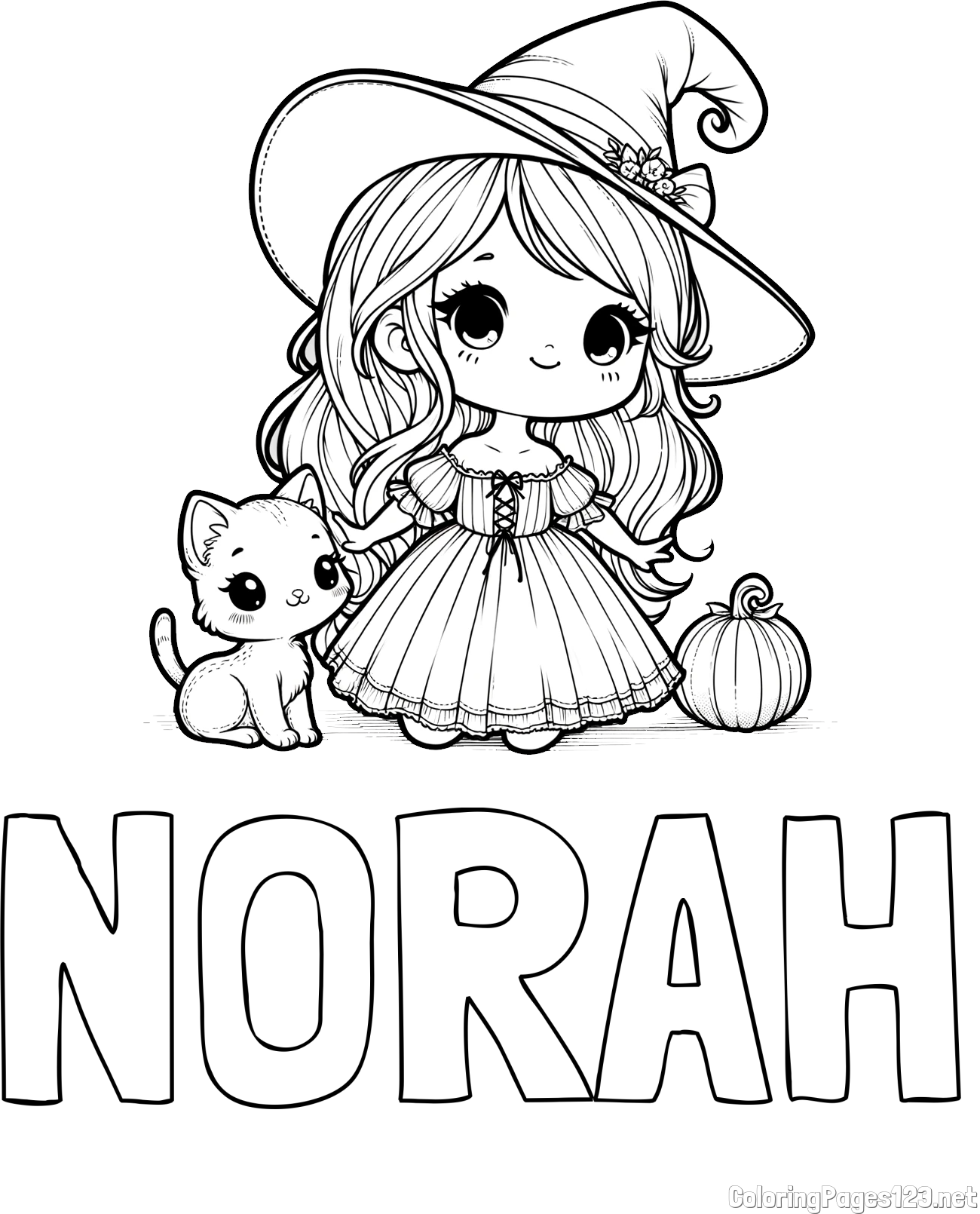 NORAH Coloring Page and Coloring Page of a Cute Witch and a Cat