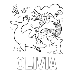 OLIVIA Coloring Page alongside Coloring Page of a Mermaid Playing with Dolphins
