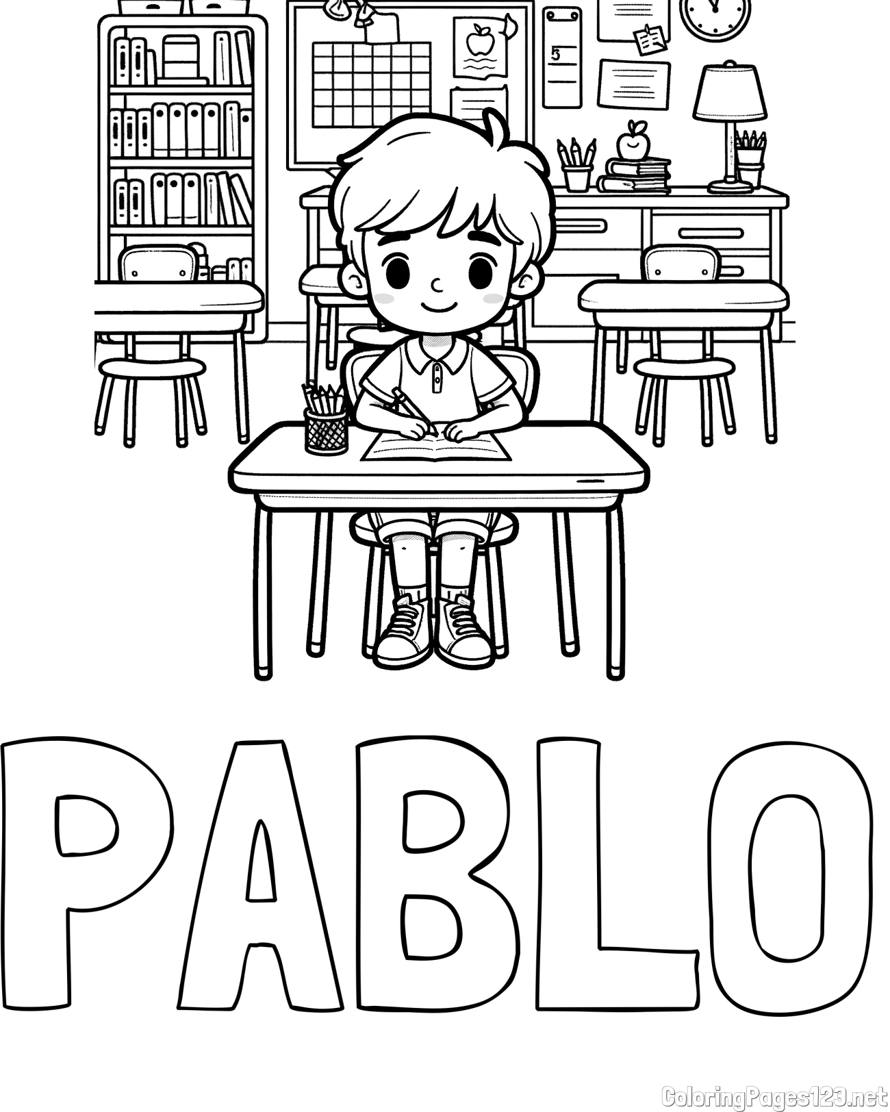 PABLO Coloring Page and Cute Student in Class Coloring Page