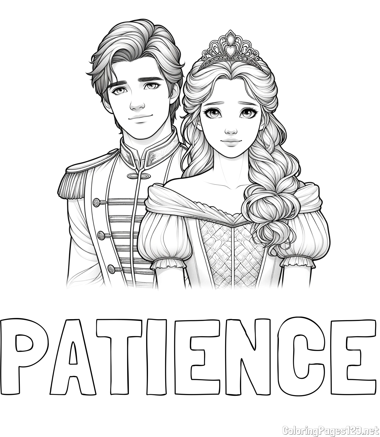 PATIENCE Coloring Page and Coloring Page of a Prince and Princess