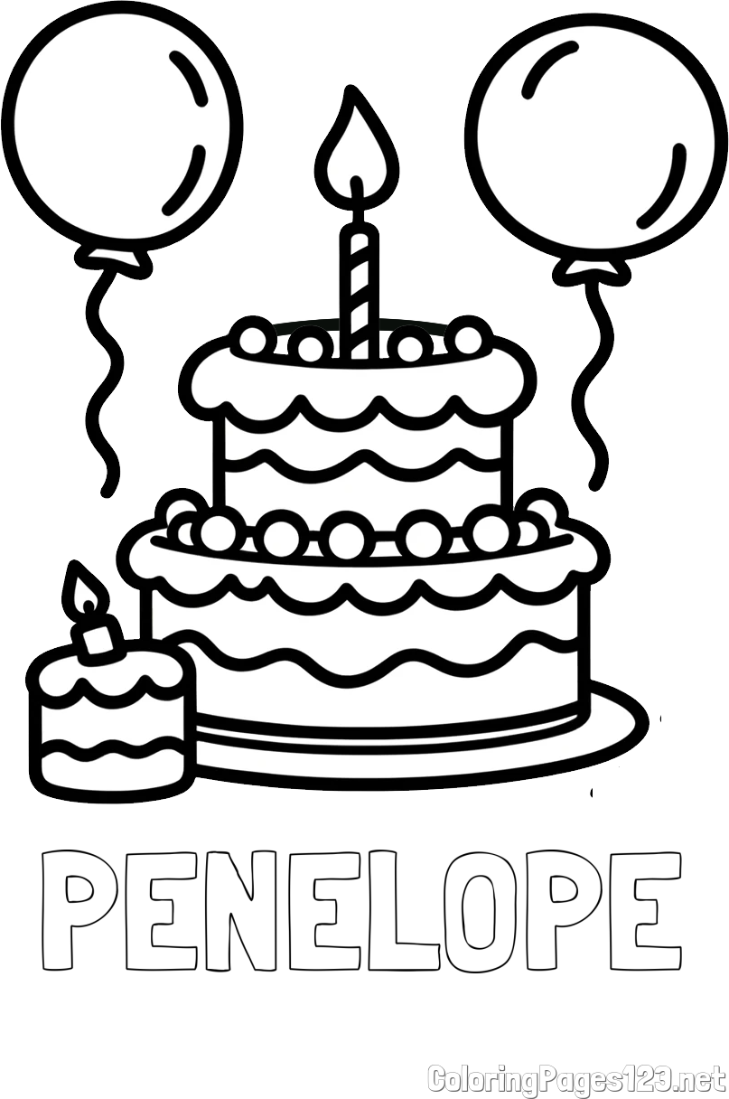 PENELOPE Coloring Page and Birthday Cake Coloring Page with Balloons