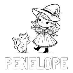 Online Created Coloring Page - PENELOPE Coloring Page and Coloring Page of a Cute Witch and a Subordinate Cat