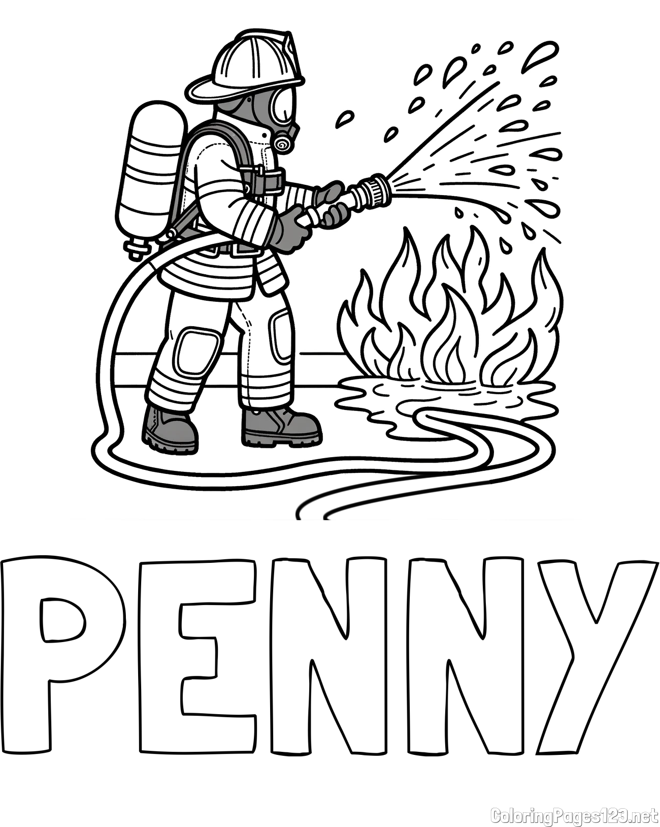 PENNY Coloring Page and A coloring page of a firefighter and a big fire