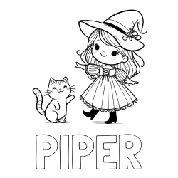 Online Created Coloring Page - PIPER Coloring Page alongside Coloring Page of a Cute Witch and a Subordinate Cat