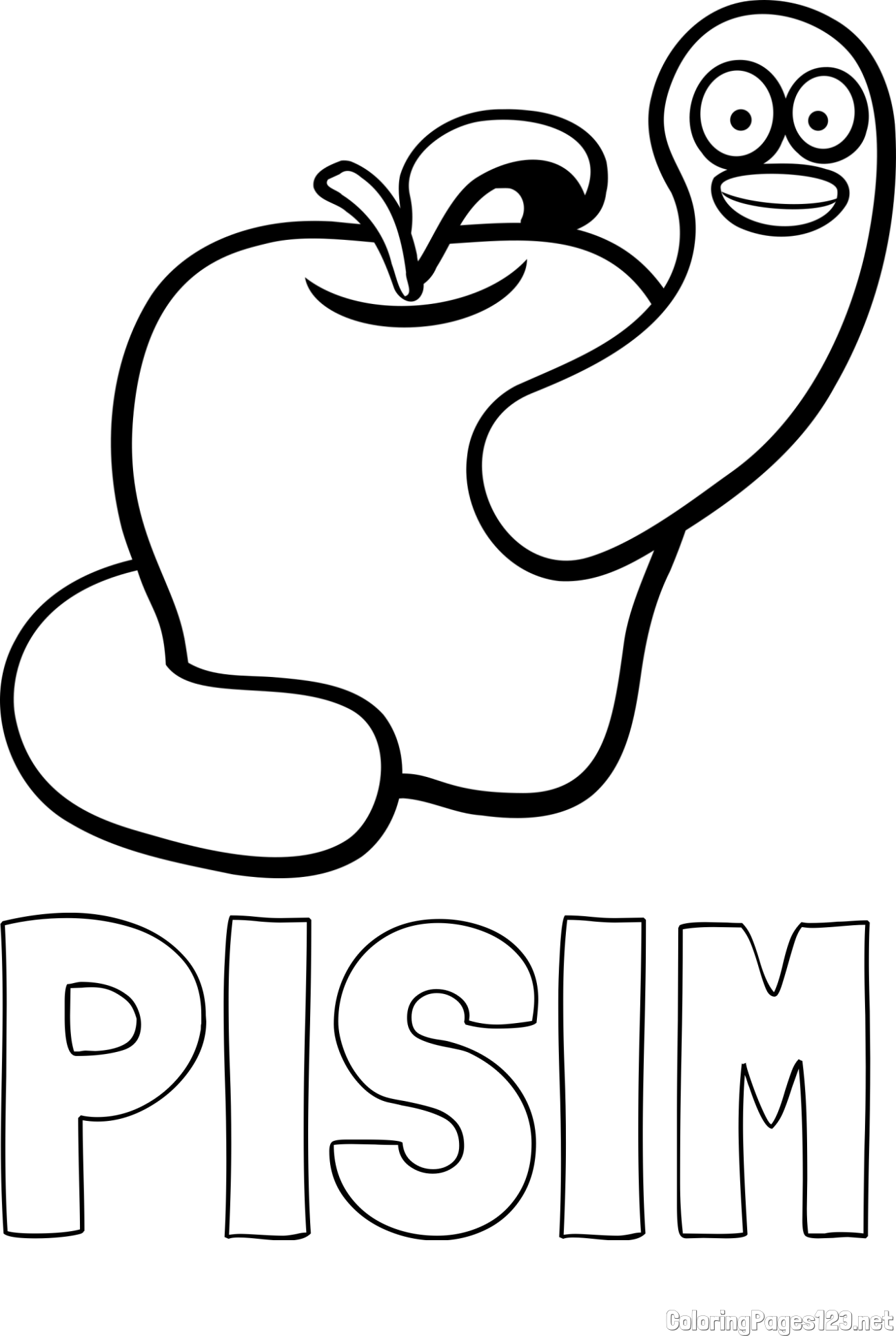 PISIM Coloring Page and Apple and Smiling Worm Coloring Page