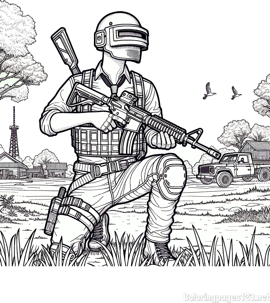 PUBG Coloring Page of a Main Character Kneeling on One Knee