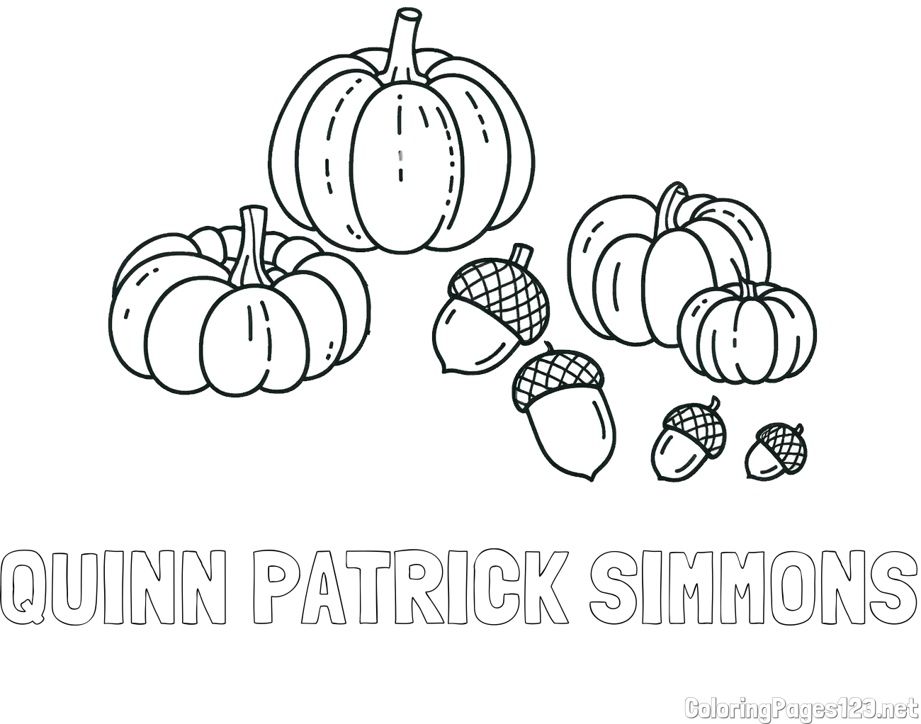 QUINN PATRICK SIMMONS Coloring Page and Autumn Harvest Coloring Page - Acorns and Pumpkins