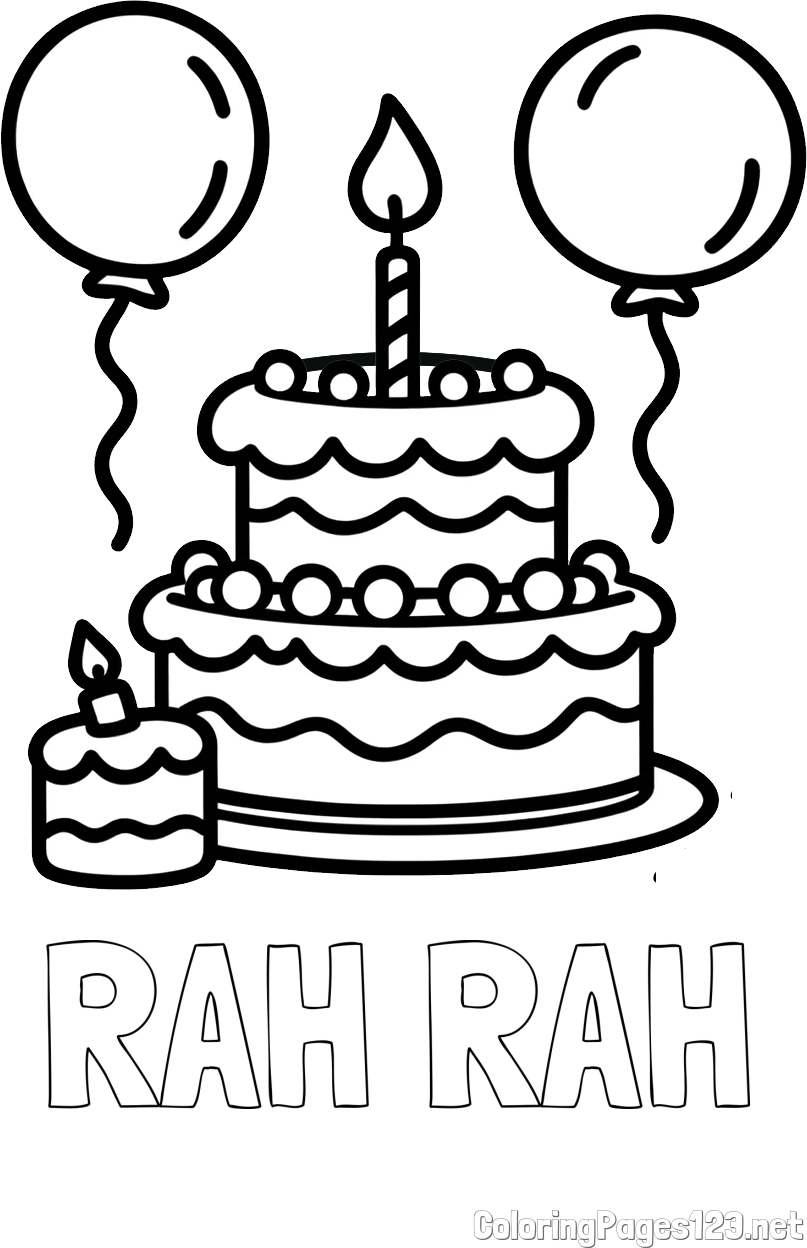 RAH RAH Coloring Page and Birthday Cake Coloring Page with Balloons