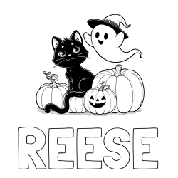 Online Created Coloring Page - REESE Coloring Page and Halloween Pumpkin Coloring Page for Kids - Happy Cat, Ghost, and Pumpkins