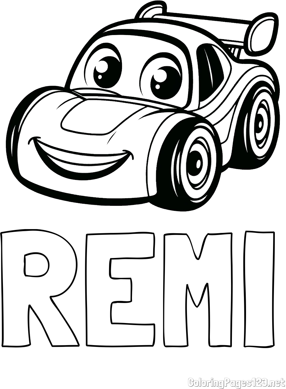 REMI Coloring Page and Children's Printable Coloring Page of a Racing Car