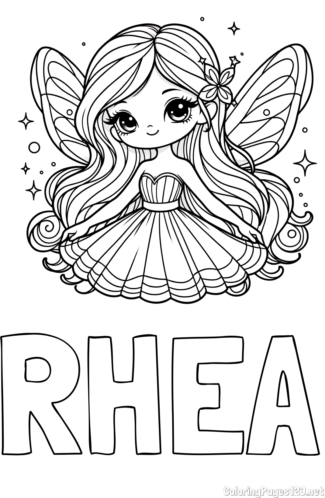 RHEA Coloring Page and Coloring Page of a Cute and Smiling Magical Fairy