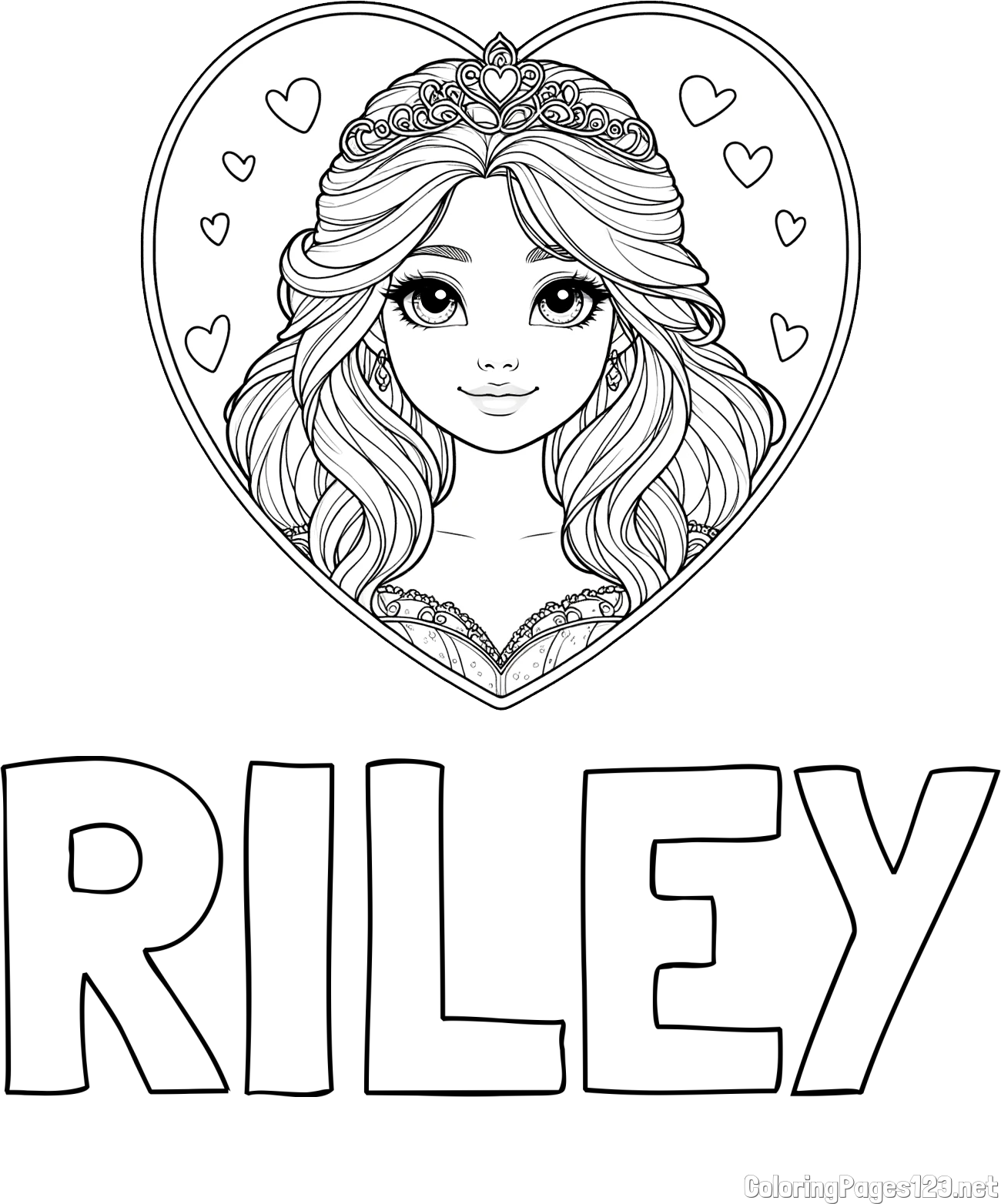 RILEY Coloring Page and Coloring Page of a Smiling Princess with Big Eyes in a Heart
