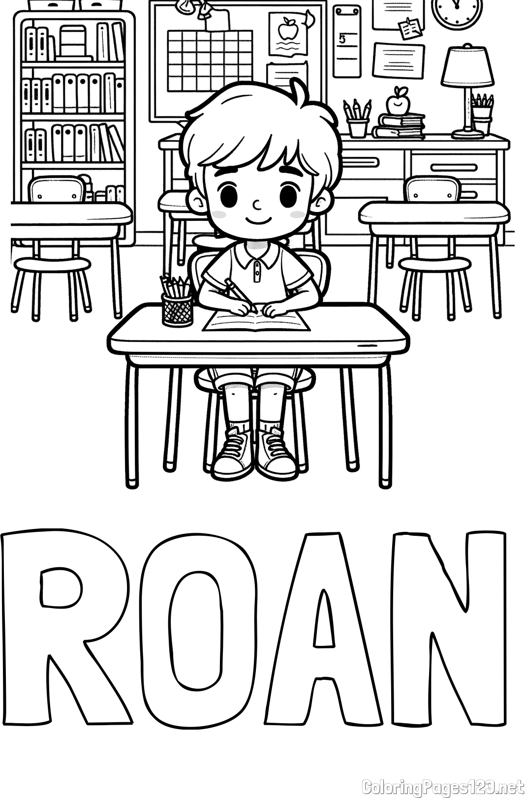 ROAN Coloring Page and Cute Student in Class Coloring Page