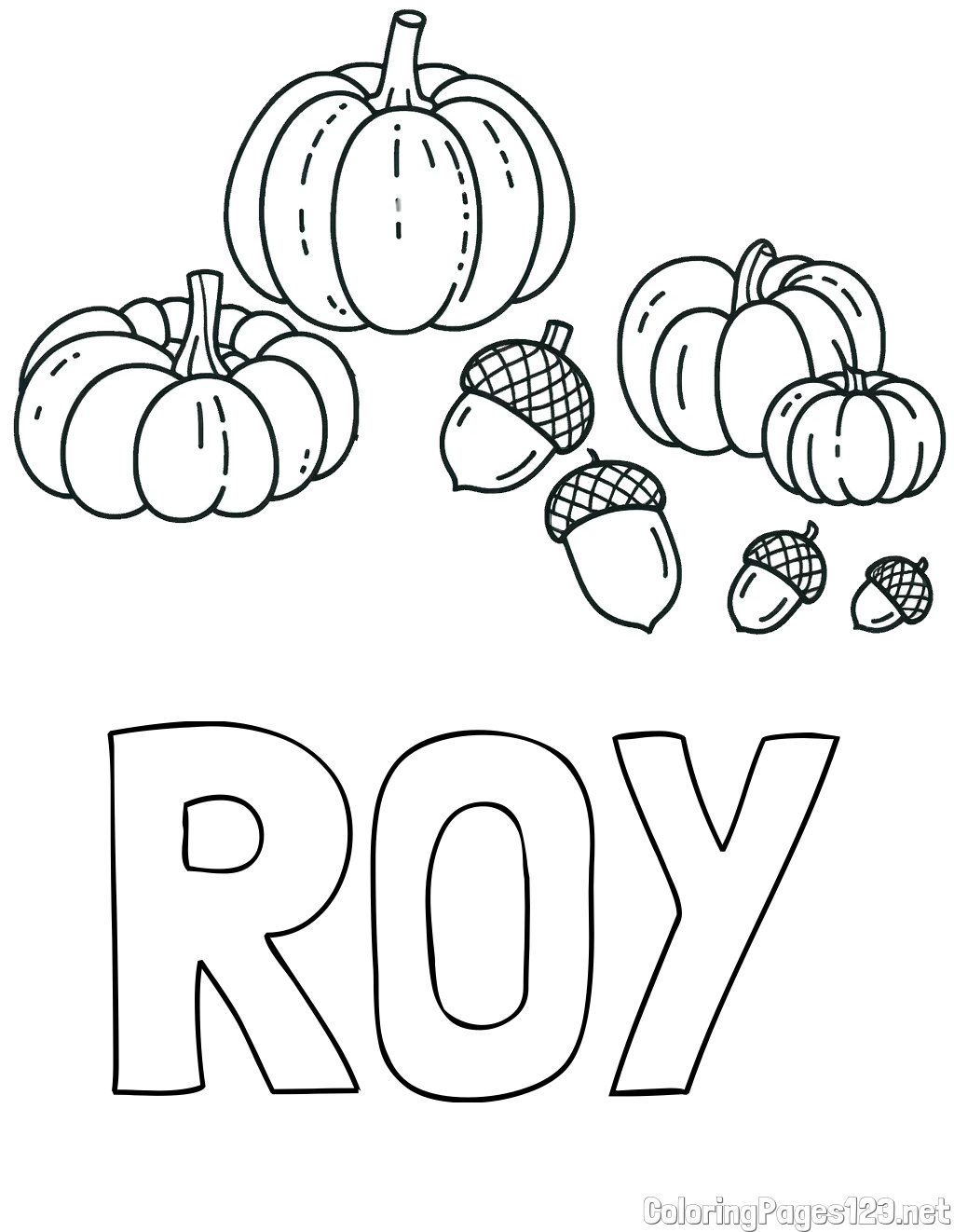 ROY Coloring Page and Autumn Harvest Coloring Page - Acorns and Pumpkins