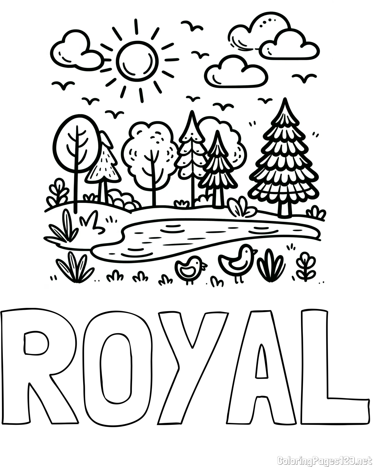 ROYAL Coloring Page and Summer Coloring Page - Pond, Ducks and Forest
