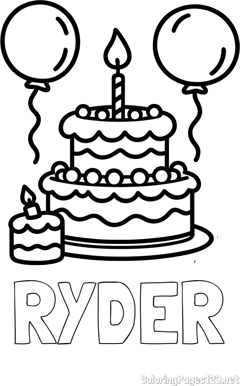 RYDER Coloring Page and Birthday Cake Coloring Page with Balloons