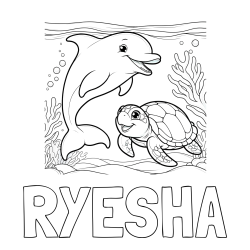Online Created Coloring Page - RYESHA Coloring Page and Coloring Book of a Cute Dolphin with a Turtle in the Sea