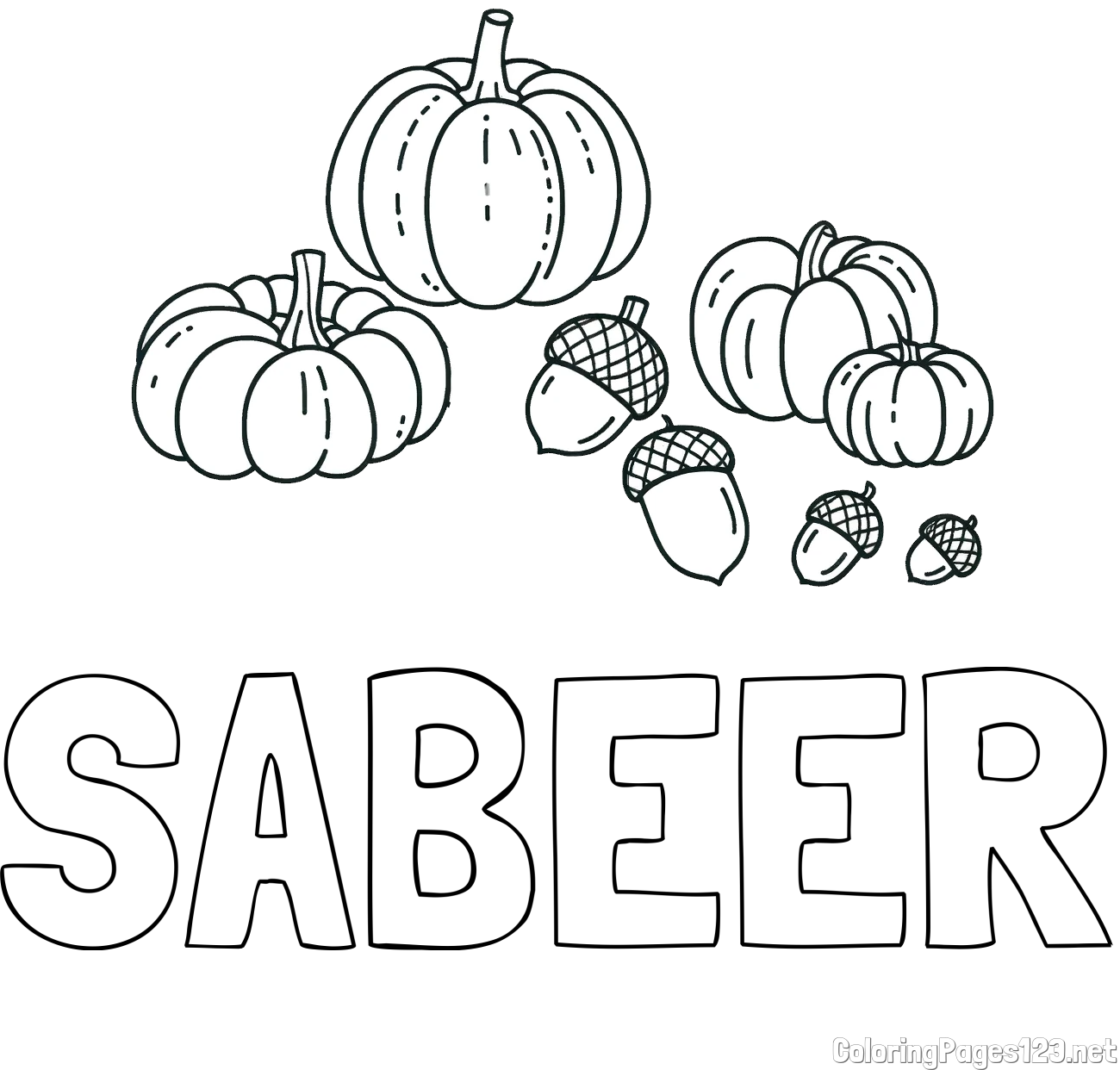 SABEER Coloring Page and Autumn Harvest Coloring Page - Acorns and Pumpkins