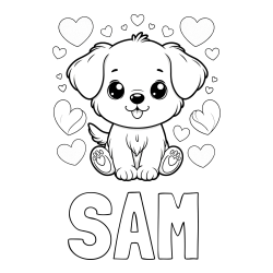 Online Created Coloring Page - SAM Coloring Page and Coloring Page of a Cute Dog and Hearts