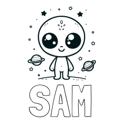 Online Created Coloring Page - SAM Coloring Page and Cute Alien Coloring Page - Smiling with Planets and Stars