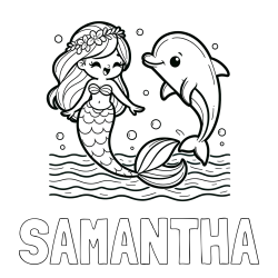 SAMANTHA Coloring Page alongside Coloring Page of a Cute Mermaid Dancing with a Dolphin