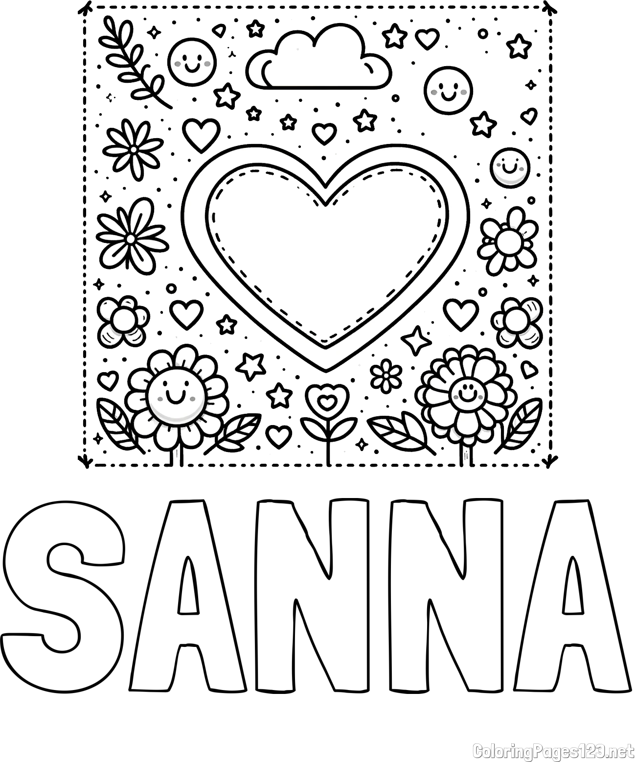 SANNA Coloring Page and Free Printable Coloring Page of Heart and Flowers