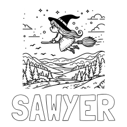 Online Created Coloring Page - SAWYER Coloring Page and Coloring Book of a Witch Flying on a Broom