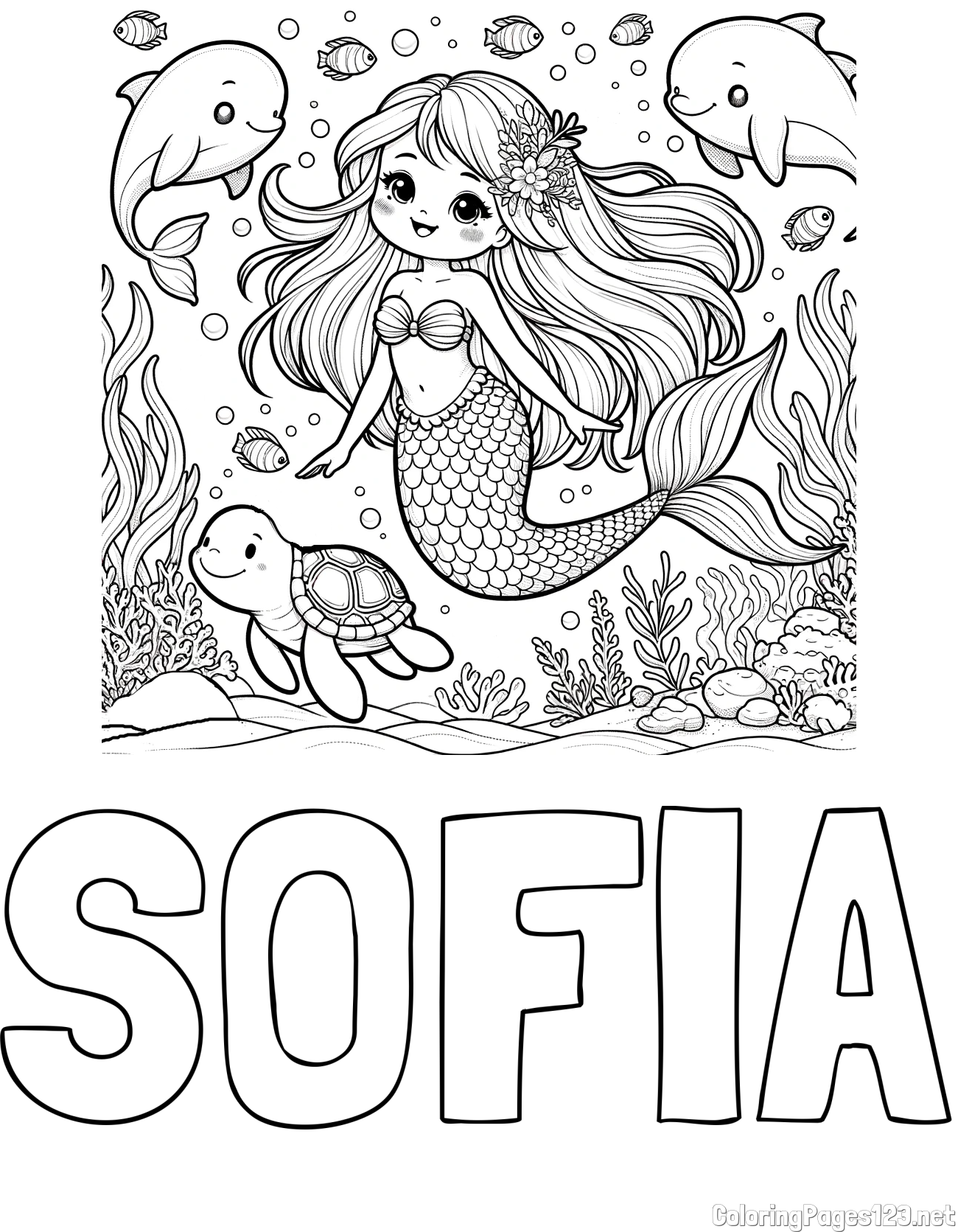SOFIA Coloring Page and Coloring Page of a Cute Mermaid with Friends