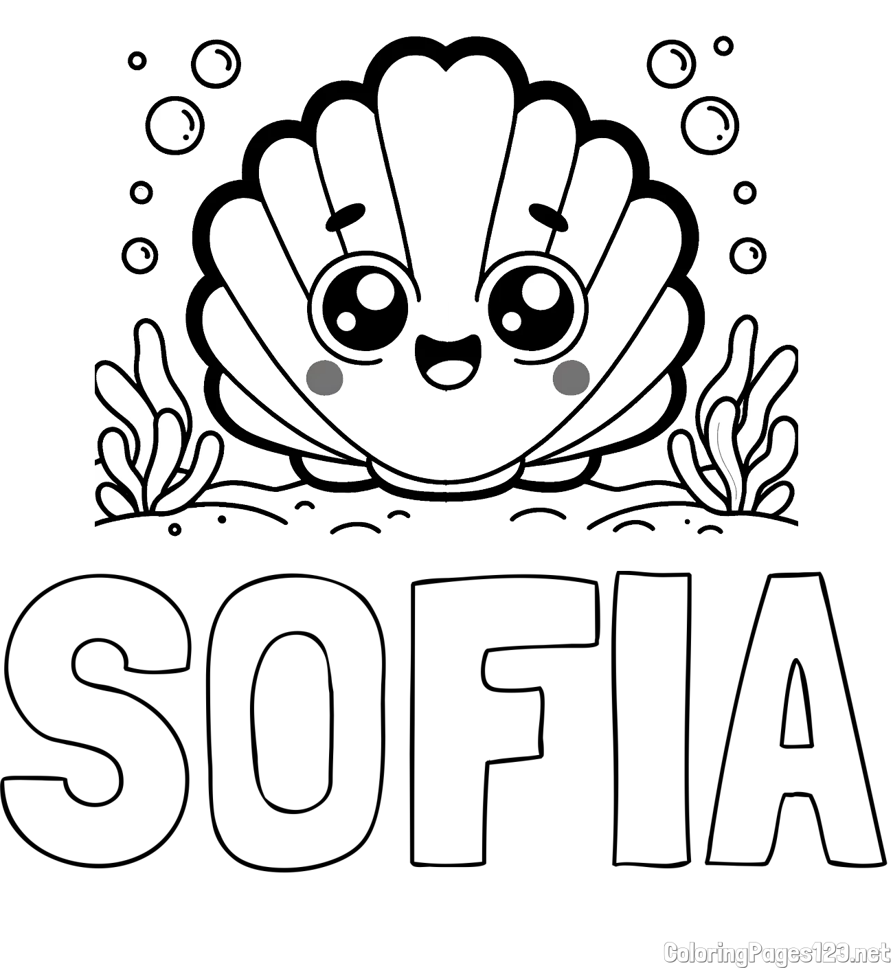 SOFIA Coloring Page and Smiling Seashell Coloring Page for Kids