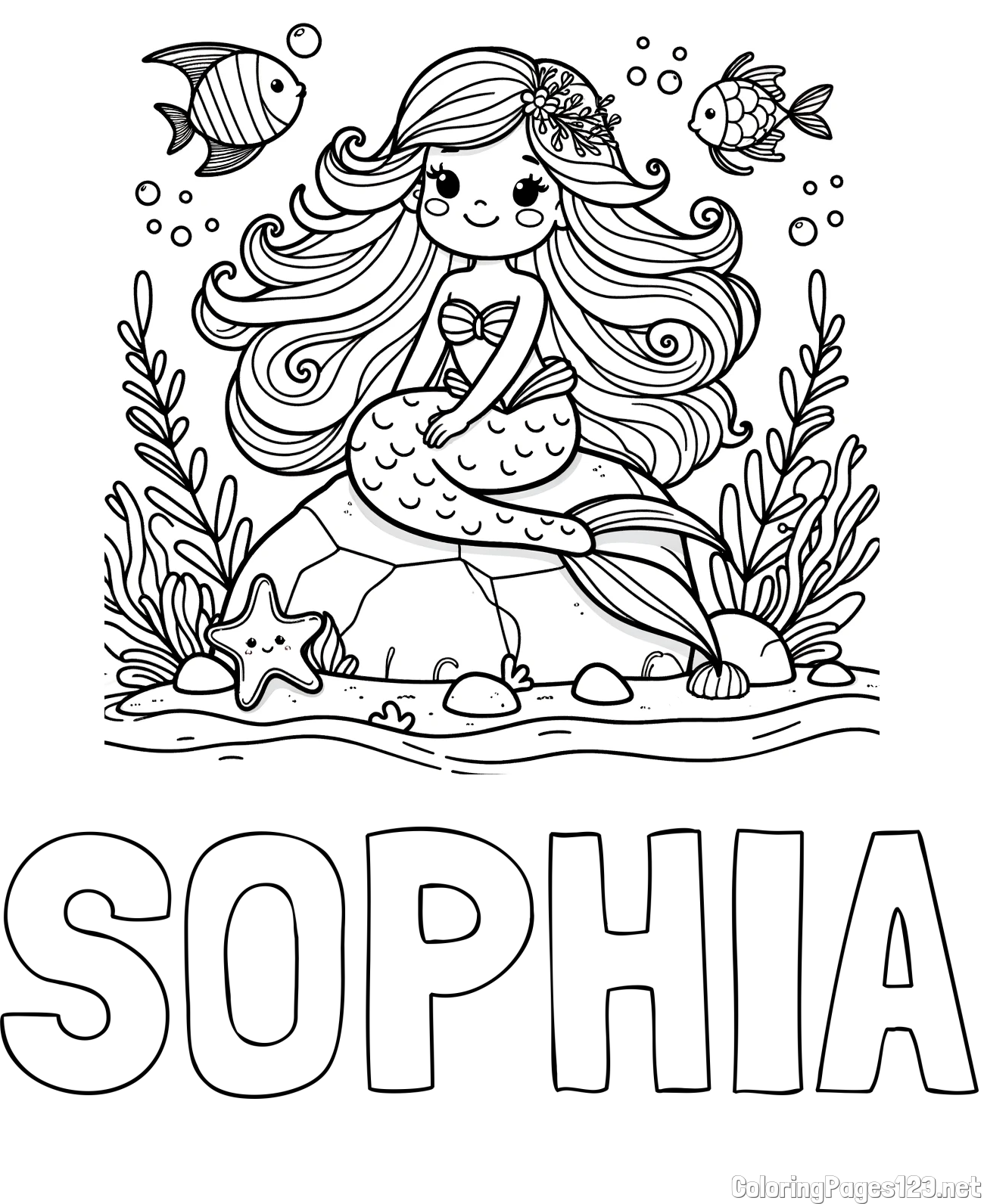 SOPHIA Coloring Page and Coloring Page of a Cute Little Mermaid