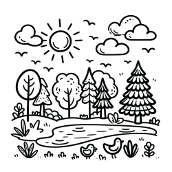 Summer Coloring Page - Pond, Ducks and Forest