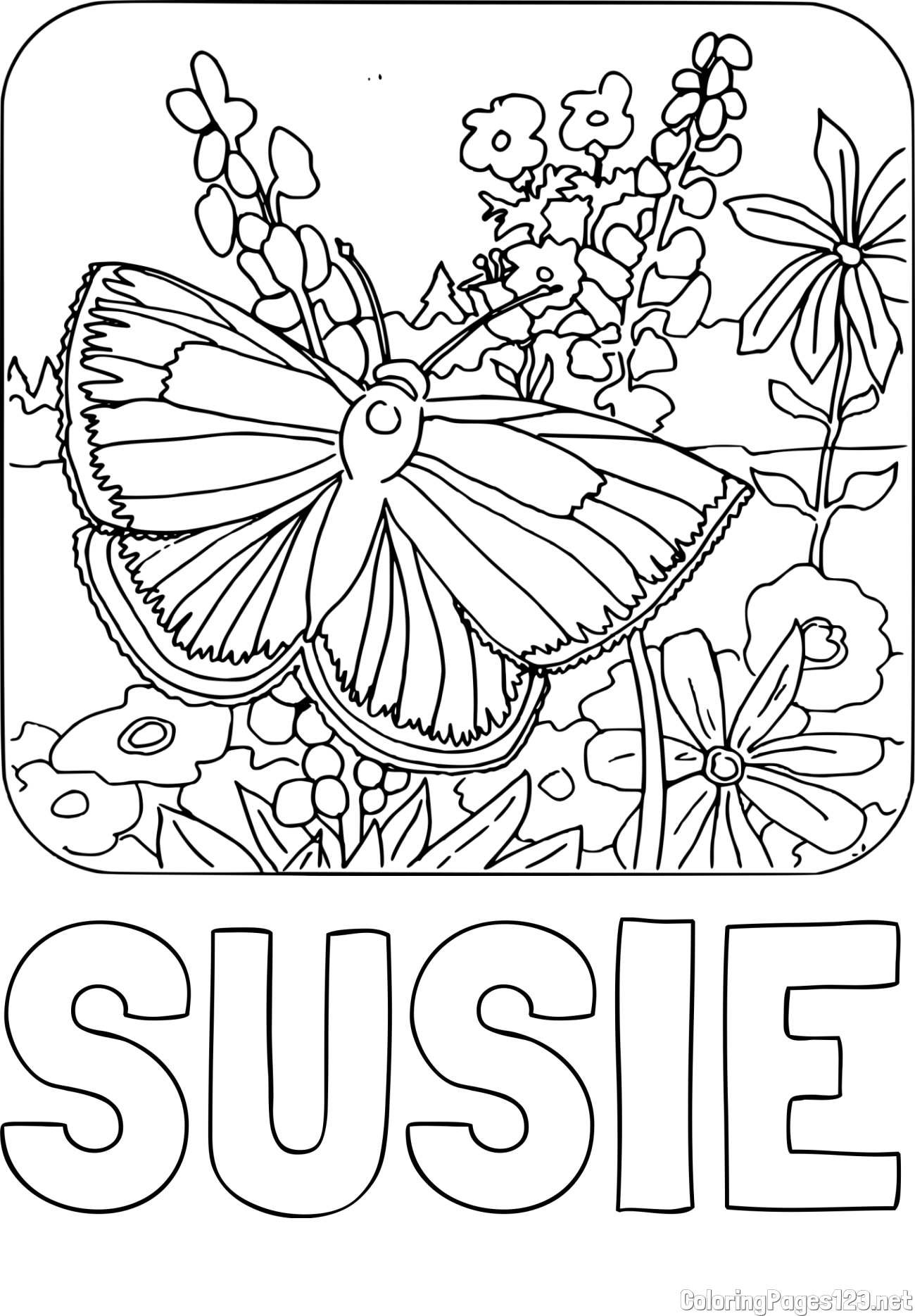 SUSIE Coloring Page and Butterfly on Flower Coloring Page