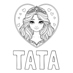 Online Created Coloring Page - TATA Coloring Page and Coloring Page of a Smiling Princess with Big Eyes in a Heart